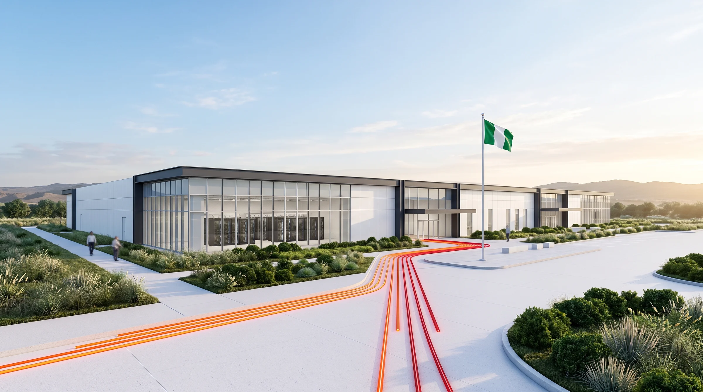 Built for scale. The exterior of a data-centre building, photographed from its approach.