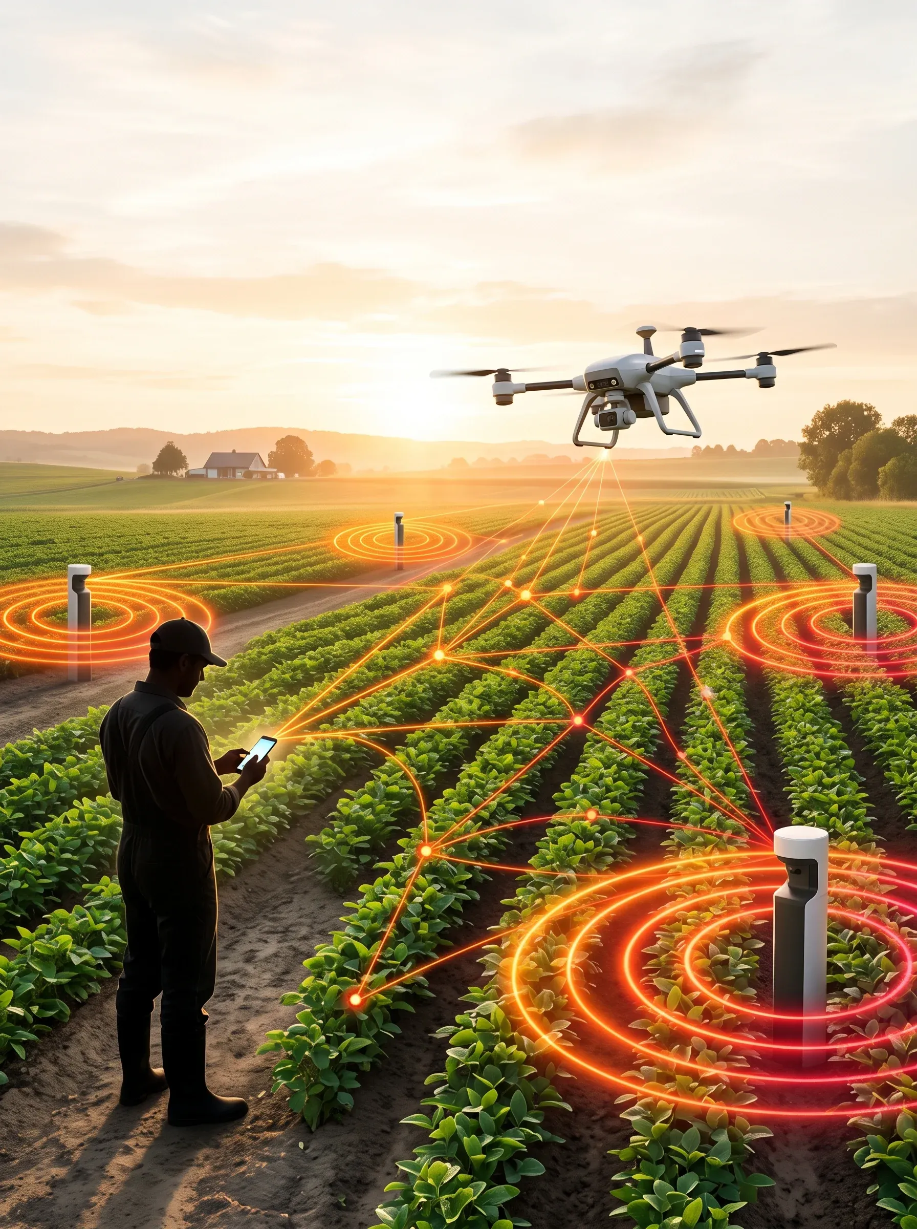 Farms that see. A drone flies over cultivated farmland, surveying the crops below.