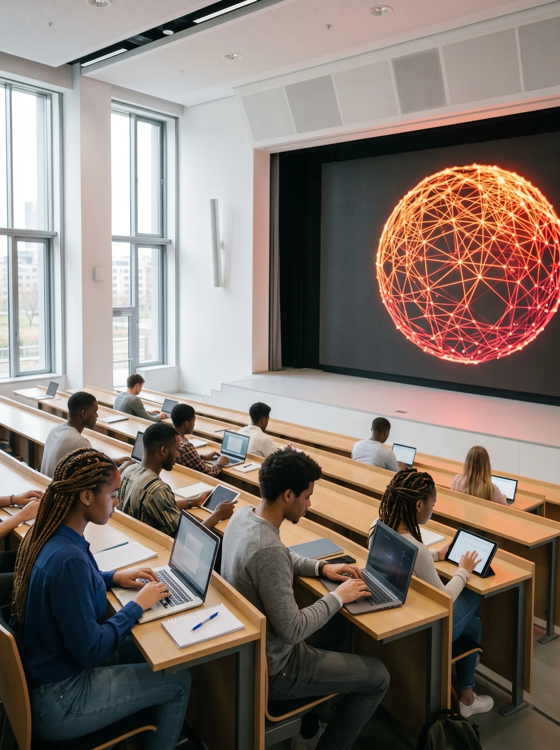 Every classroom, online. Students use laptops together in a university lecture hall.