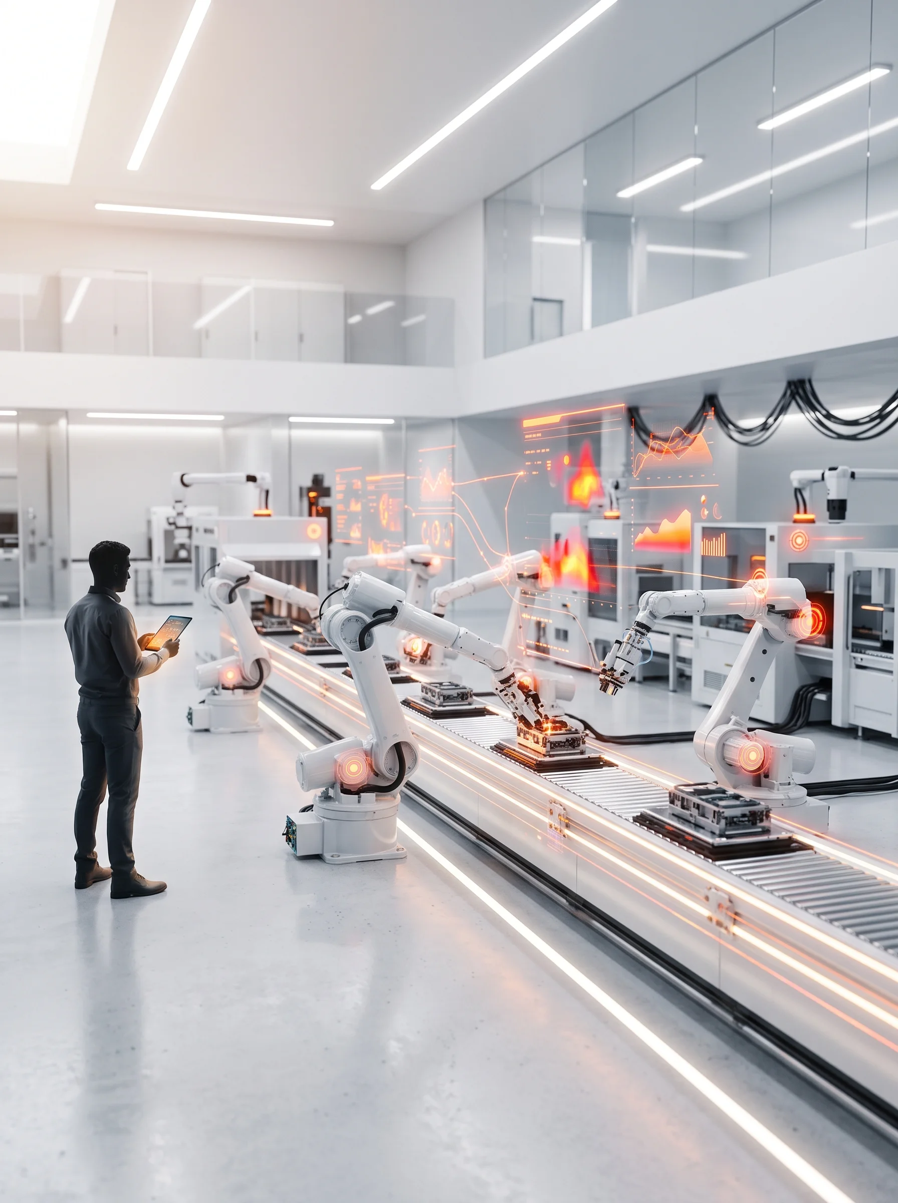 Smarter factories. A technician interacts with a robotic arm on the manufacturing floor.