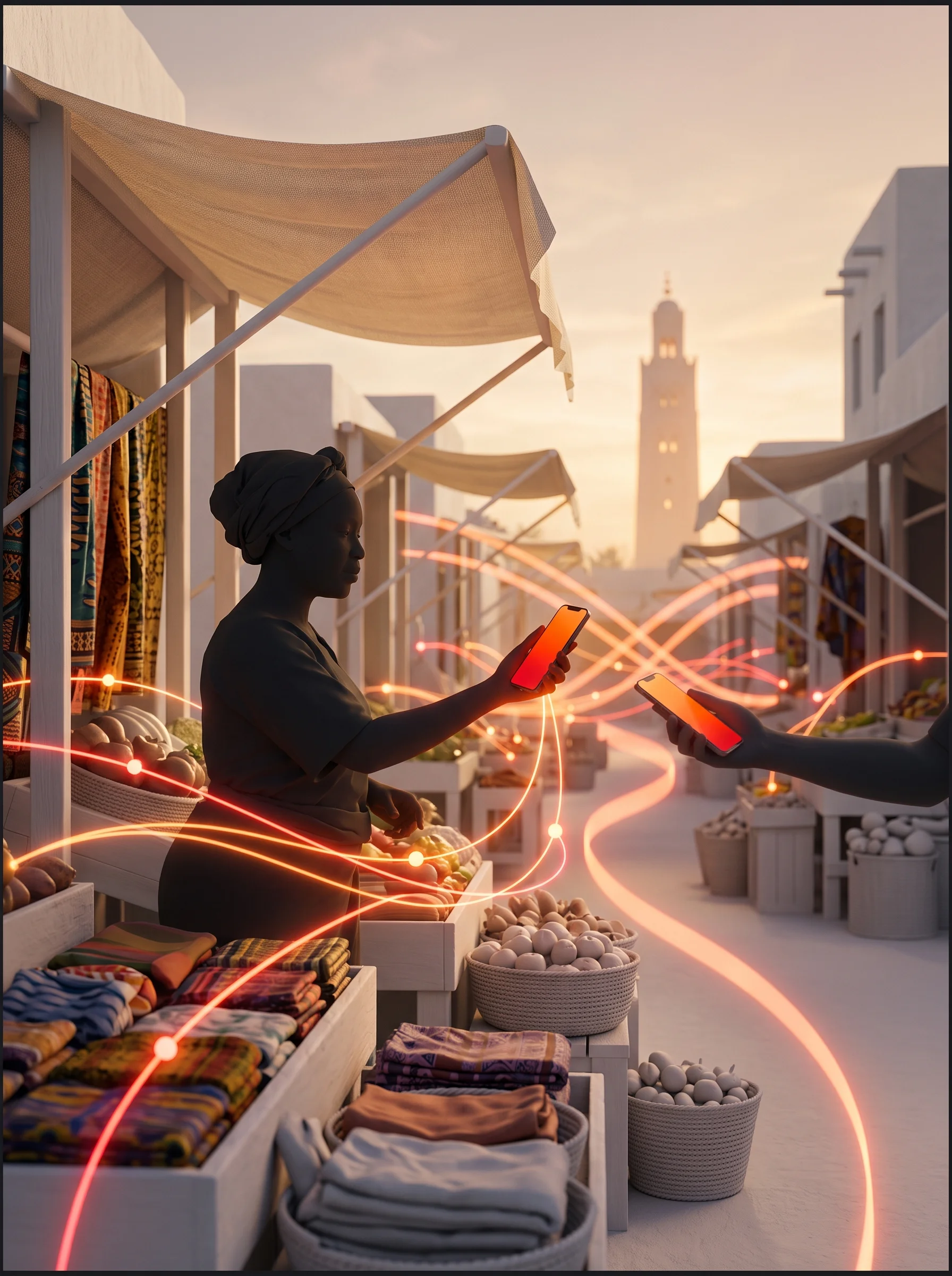Every sale, instant. A vendor accepts a mobile payment from a customer at a market stall.